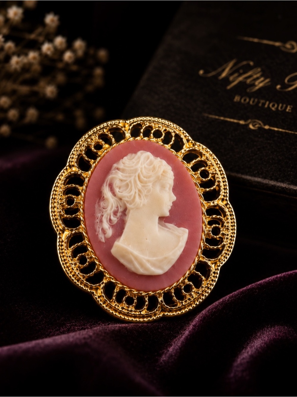 Vintage AAi Pink Cameo Brooch Gold Tone Victorian Revival Coquette Pin